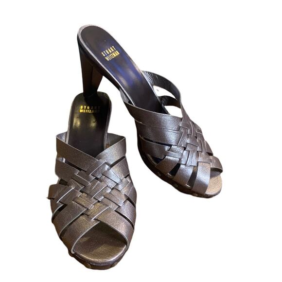 Stuart Weitzman Metallic Basket Weave Studded Mule Slide On Heel Sandal 7.5/8 - Picture 5 of 12